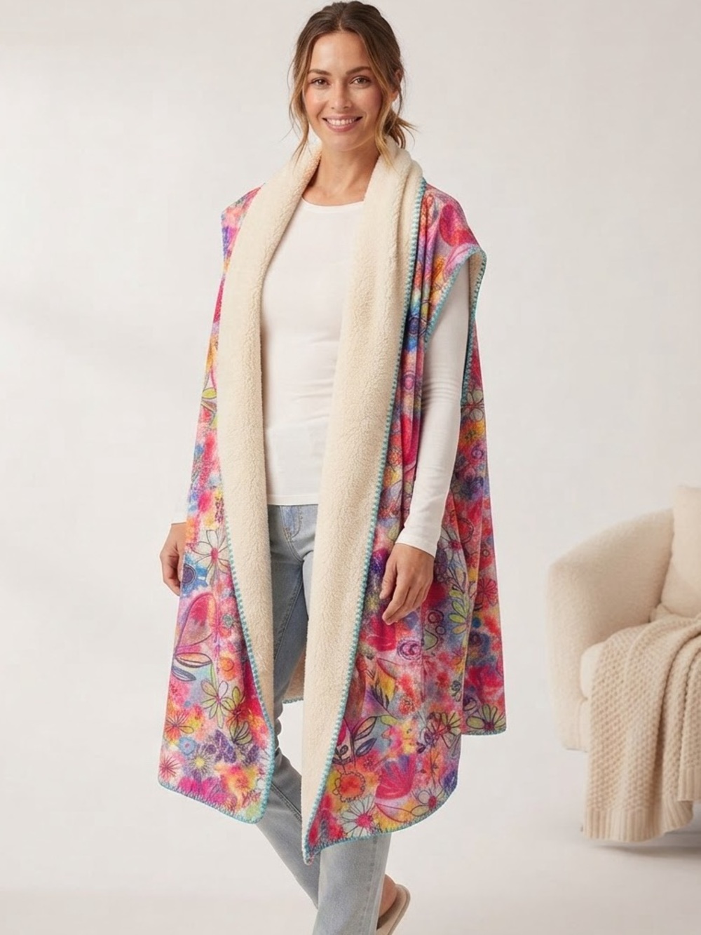 NWT Natural Life Watercolor Floral Sherpa-Lined Cozy Blanket Kimono Vest L/XL